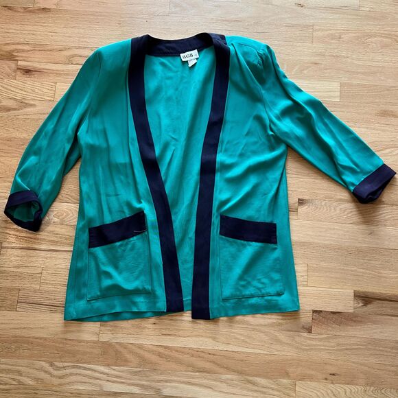 vtg 80s color blocked green open front blazer size 14 made in USA casual - Picture 9 of 12